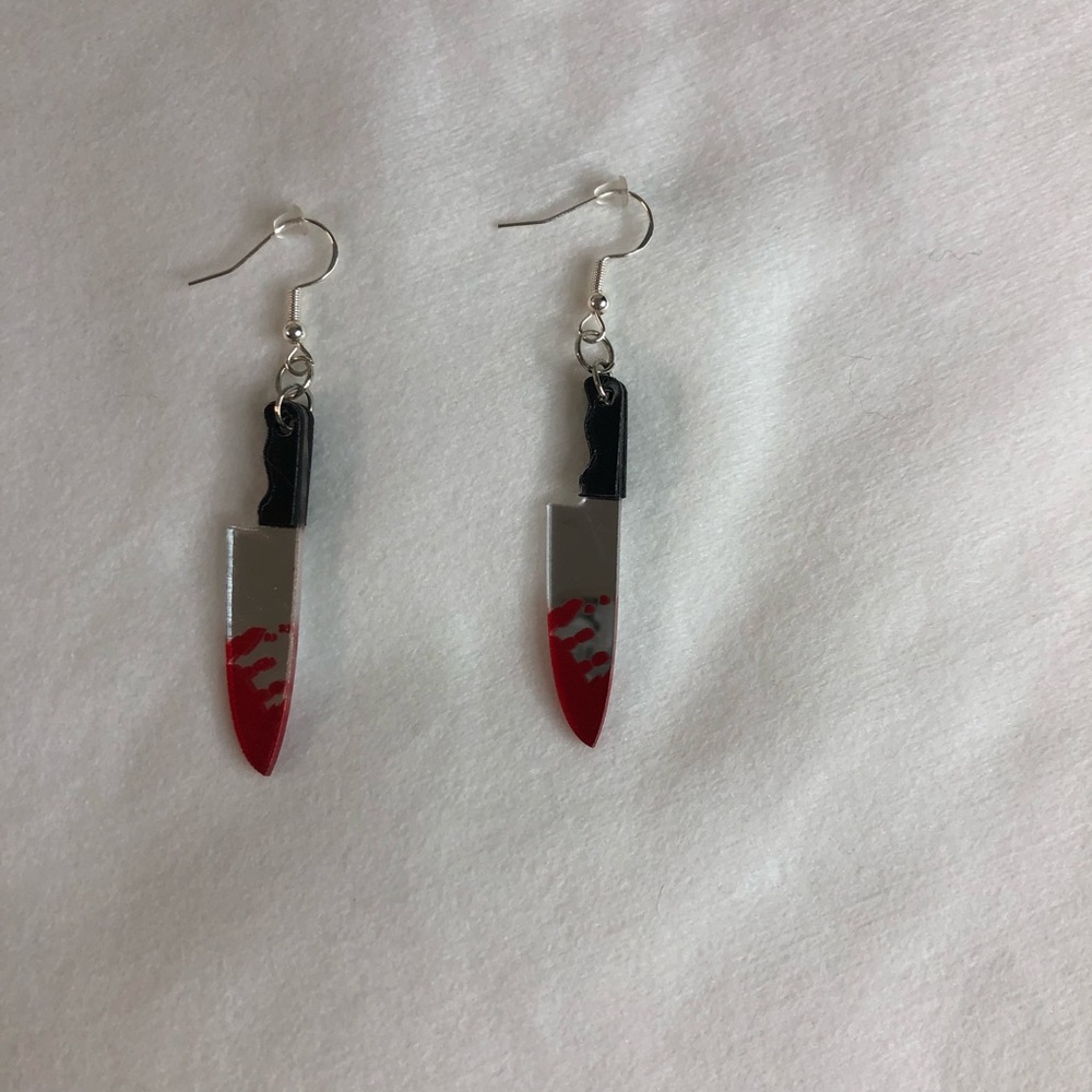 Handmade bloody knife dangle drop earrings creepy fake blood earrings spooky